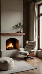 Fototapeta premium A comfortable living room with a warm fireplace and a single chair, perfect for relaxing on a cold evening