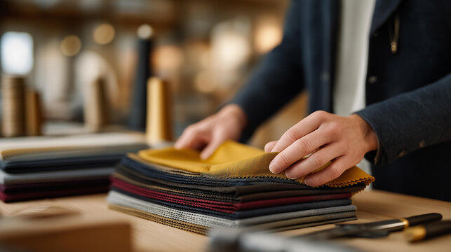 A hand flipping through a stack of colorful fabric swatches beside sewing tools — textile design workflow, fashion industry creativity, handmade craftsmanship, and small business production.