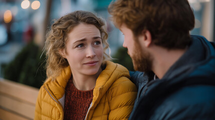 A couple reacting emotionally during a quiet conversation on a park bench, one person&rsquo;s eyes welling up as the other reaches out &mdash; relationship vulnerability, emotional honesty, and human