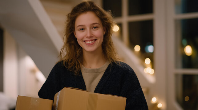 A sibling giving up their weekend plans to help move an elderly relative, smiling warmly while carrying heavy boxes up the stairs — family loyalty, personal sacrifice, and supportive relationships.
