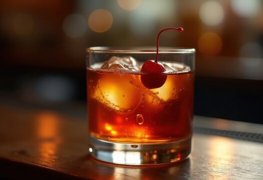Classic Manhattan Cocktail Cherry Garnish Exquisite Drink Aroma Swirl Premium Ingredients