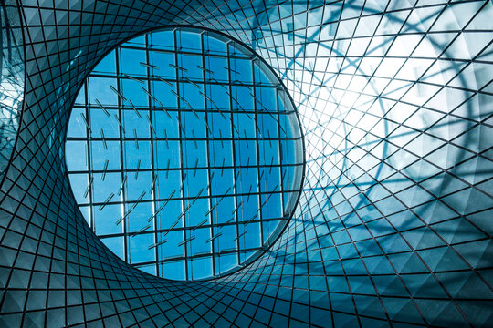 New York City, NY, USA. Blue geometric shaped glass ceiling and windows