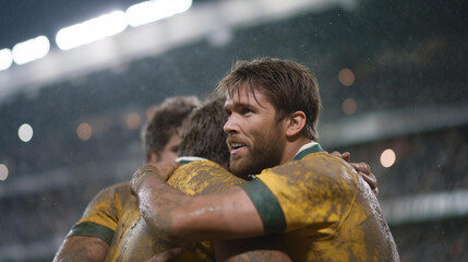 In a mud-soaked stadium, rugby fans hug and shout in the pouring rain after a last-minute win — a cinematic explosion of emotion, perseverance, and unity. cinematic color correction, natural uneven