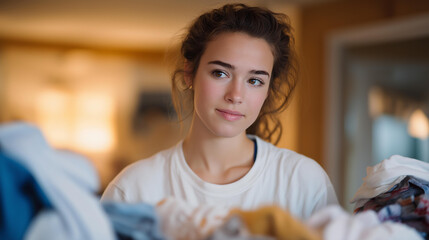 A partner quietly taking on extra household responsibilities as their loved one pursues a demanding degree, folding laundry with tired but proud eyes — relational sacrifice, teamwork, and long-term