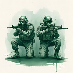 Obraz premium Military personnel kneel ready for action