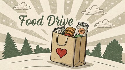 Photo of a heartwarming illustration of a food drive, featuring a paper bag filled with canned goods and a red heart, set against a whimsical winter landscape with trees and clouds