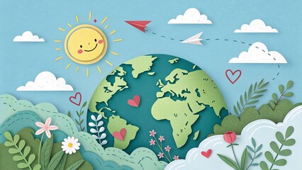 Photo of a cheerful paper art illustration of earth surrounded by smiling sun, clouds, paper planes, flowers, and hearts, promoting environmental awareness and global harmony