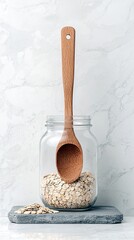 A wooden spoon is placed inside a glass jar containing rolled oats, with a small pile of oats in front, on a gray slate surface.