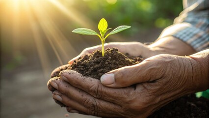 Photo of closeup of hands holding a small plant seedling with soil, bathed in warm sunlight, symbolizing growth, new beginnings, and the nurturing power of nature