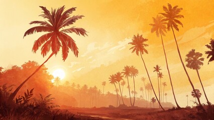 Photo of scenic view of a tropical landscape with silhouetted palm trees against a vibrant orange sunset sky, evoking a sense of tranquility and exotic beauty in nature