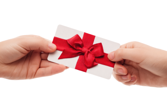 Two hands exchange a gift card with a red ribbon bow