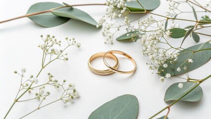 Photo of two golden wedding rings are isolated on white background, surrounded by delicate babys breath and eucalyptus, symbolizing love, commitment, and new beginnings