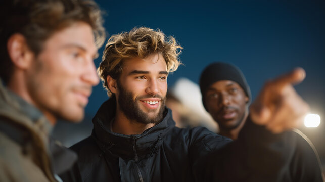 A multicultural team of astronomers calibrating a giant telescope under a clear night sky, pointing out constellations based on their different cultural star myths — cosmic diversity, ancestral