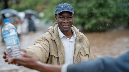 A community leader standing on a flooded street distributing bottled water to neighbors, soaked clothing clinging to them as they organize relief efforts — grassroots crisis resilience, local