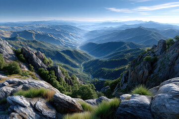 Vast mountain range vista with rocky foreground and blue sky