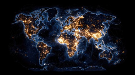 A detailed map of the Earth at night, illuminated by the lights of cities and populated areas, highlighting continents and oceans.