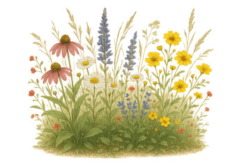 Wildflower meadow botanical watercolor painting on transparent background, featuring diverse spring and summer blossoms
