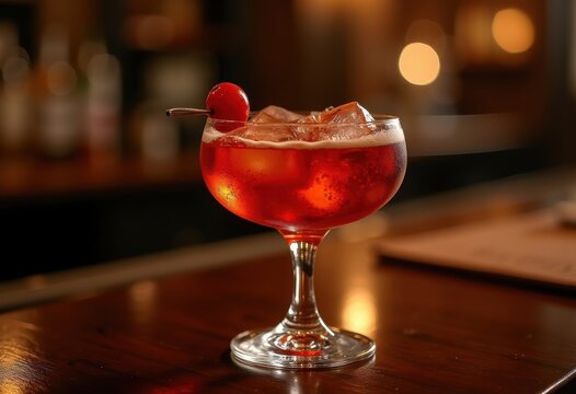 Elegant Manhattan Cocktail Featuring Maraschino Cherry atop a Sophisticated Atmosphere