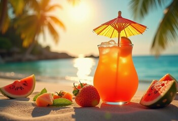 Exotic Tropical Cocktail Umbrella Tropical Theme Colorful Freshness Island Vibes Refreshing Paradise Delights