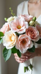 A woman holds a bouquet of pink and white flowers