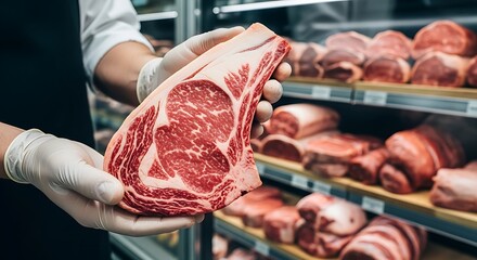 Close up of a butcher holding a raw ribeye steak in front of a display case full of meat cuts