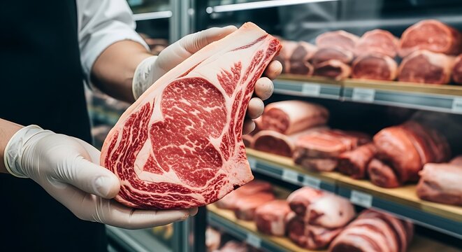 Close up of a butcher holding a raw ribeye steak in front of a display case full of meat cuts