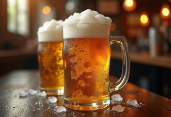 Frothy Cold Beer Overflowing from Pint Mug Exquisite Brew Moment Suds Rising