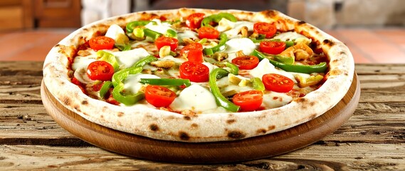 Savoring a fresh vegetable pizza topped with mozzarella and vibrant colors in a cozy dining space