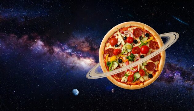 Pizza floating in space surrounded by stars and planets, showcasing a cosmic culinary adventure