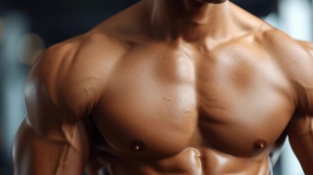 A man with a muscular chest and arms is flexing his muscles. Concept of strength and confidence