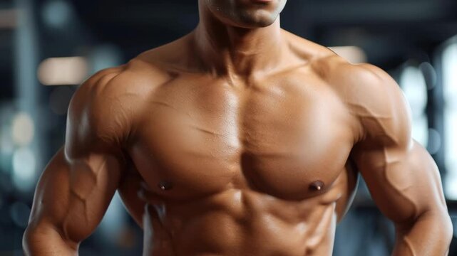 A man with a muscular chest and arms is standing in front of a wall. Concept of strength and confidence