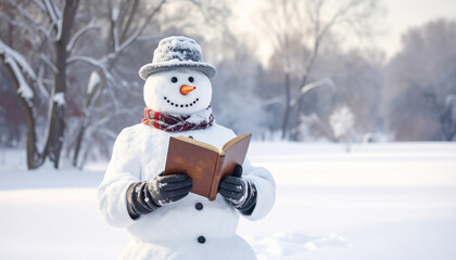 lesender Schneemann - ein aufgeschlagenes Buch aus Leder in den H&auml;nden eines lachenden Schneemanns mit Schal und M&uuml;tze in einer verschneiten Landschaft