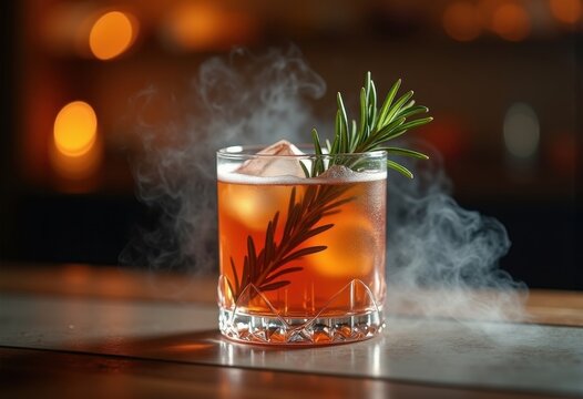 Smoky Infused Rosemary Garnished Artisan Elixir Dark Glass Tumbler Creative Mixology Artistry