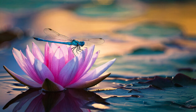 A macro photograph of a dragon fly perched on a pink water lily with glossy pond in the background. Generative AI. - Powered by Adobe