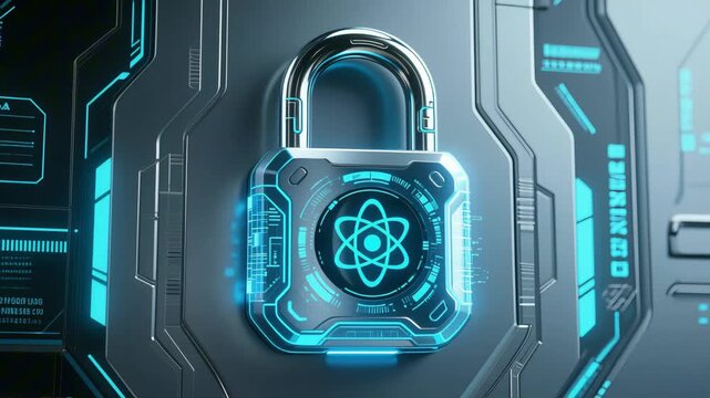 Futuristic quantum security padlock glowing with blue circuits, digital atomic symbol at the center, high-tech cyber defense concept, advanced encryption, next-generation data protection, sci-fi