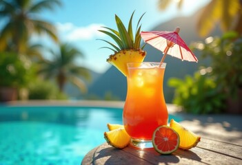 Tropical Paradise Colorful Cocktail Umbrella Pineapple Exotic Beverage Creative Display