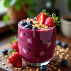 Vibrant Acai Berry Smoothie Blend in Bowl Topped with Granola and Fresh Berries