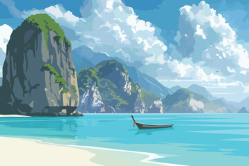 Serene Coastal Beach with Limestone Cliffs and Long-tail Boat Vector