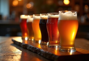 Vibrant Artisanal Craft Beer Flight Showcase Under Dim Ambient Light Authentic Tasting Experience