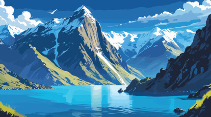 Majestic Snowy Mountain Landscape and Fjord Lake Vector Illustration