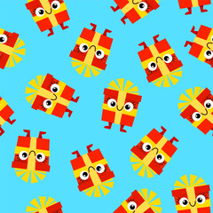 Playful Gift Box Characters Seamless Pattern on Blue
