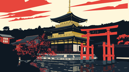 Traditional Japanese Pagoda Temple and Red Torii Gate Vector Illustration