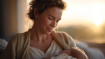 Mother feeding her baby in a quiet room, warm evening light creating a golden halo — an intimate, nurturing image evoking comfort, tenderness, and the sacred rhythm of caregiving. cinematic color