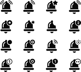 Set of 16 Notification Bell Icons: UI/UX Design Elements, Mobile App Interface, Alerts, and Application Settings