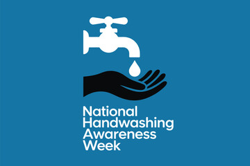 National Handwashing Awareness Week banner illustration with faucet, water drop and hand icon on blue background for public health campaigns