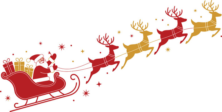 Santa Claus riding in a red sleigh pulled by reindeer team, flying through a starry night sky to deliver gifts on Christmas Eve