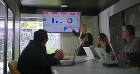 Blonde businesswoman pointing to digital chart while explaining statistics to engaged team during meeting in glass walled conference room
