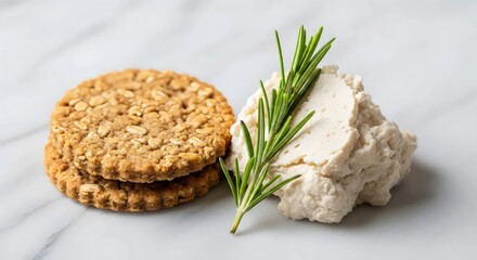 Organic oat crackers topped with almond cheese for healthy vegan snack and mindful lifestyle inspiration