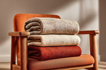Cozy autumn blankets stacked on wooden chair