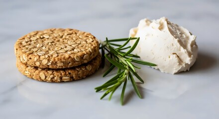 Wholesome oat crackers and almond cheese appetizer for sustainable plant-based lifestyle and rustic decor concept